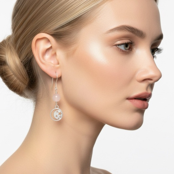 Matte Rose Quartz Moon Star Drop Earrings Silver Tone - Picture 3 of 3